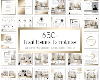 650+ White and Gold Real Estate Marketing Templates Bundle| Real Social Media Posts&Stories| Luxury Real Estate Bundle| IG Highlight Icons