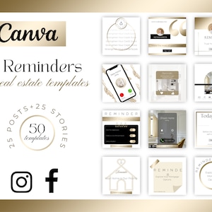 Mais de 50 postagens e histórias de lembretes sobre imóveis | Postagens e histórias em branco e dourado | Conteúdo de mídia social para corretores de imóveis | Modelos de marketing Canva para corretores de imóveis