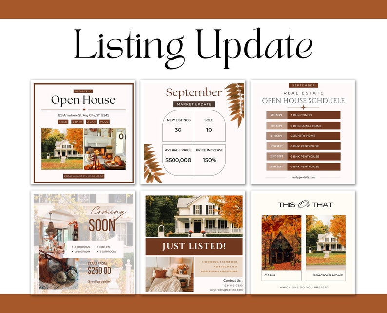 May include: Six Instagram post templates for real estate agents. The templates feature autumnal colors and images of houses. The text on the templates includes "Open House", "September Market Update", "Real Estate Open House Schedule", "Coming Soon", "Just Listed!" and "This or That".