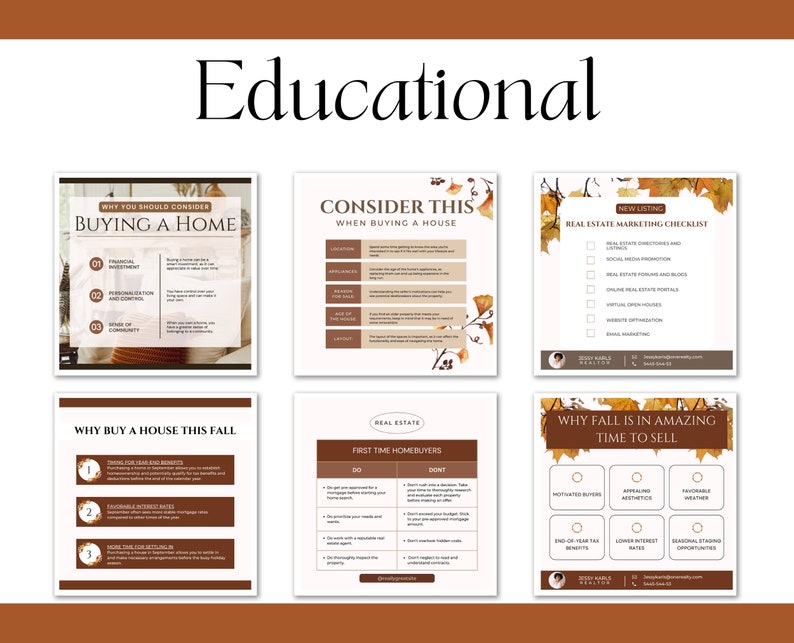 May include: A set of nine educational real estate marketing graphics with a fall theme. The graphics feature brown and orange color schemes with autumn leaves and text that includes "Why You Should Consider Buying a Home", "Consider This When Buying a House", "Why Buy a House This Fall", "First Time Homebuyers", "Why Fall is in Amazing Time to Sell", and "Real Estate Marketing Checklist".