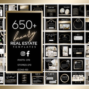 650+ Black and Gold Real Estate Marketing Templates Bundle For Social Media|Realtor Luxury Branding Kit| Canva Templates| Ig Highlight icons