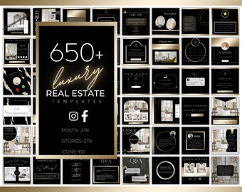 650+ Black and Gold Real Estate Marketing Templates Bundle For Social Media|Realtor Luxury Branding Kit| Canva Templates| Ig Highlight icons