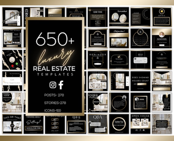 650 Black and Gold Real Estate Marketing Templates Bundle for - Etsy