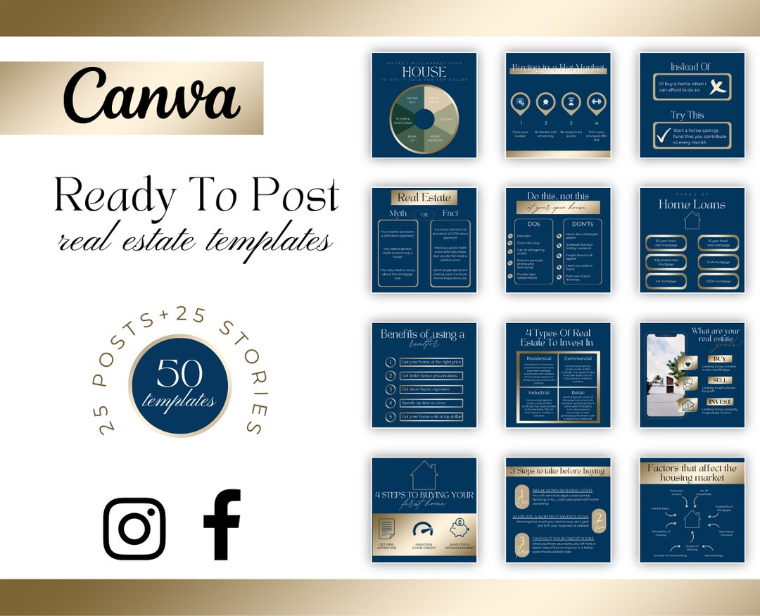 50 Blue&gold Real Estate Marketing Templates Realtor Luxury Instagram