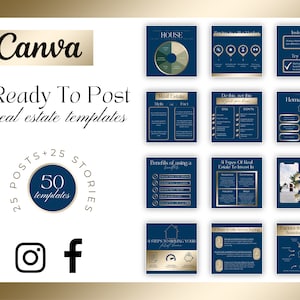 Oltre 50 modelli di marketing immobiliare Blue&Gold/Post Instagram Facebook di lusso per agenti immobiliari/Modelli immobiliari pronti per la pubblicazione/Download Canva