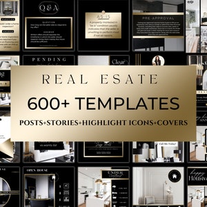 600+ Black&Gold Real Estate Marketing Templates Bundle|Social Media Posts Stories For Realtors| Instagram Highlight Icons|Luxury Real Estate