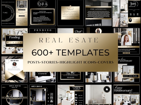 600+ Black&Gold Real Estate Marketing Templates Bundle|Social Media Posts Stories For Realtors| Instagram Highlight Icons|Luxury Real Estate