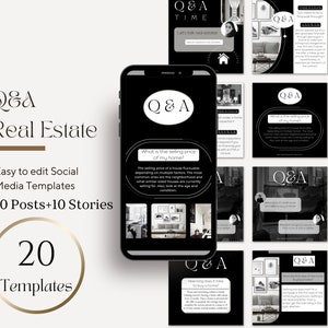 20 modèles de questions et réponses sur l'immobilier moderne | Publications et histoires Instagram et Facebook | Modèles Canva pour agent immobilier | Modèle de publication de questions et réponses