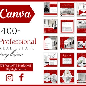 Más de 400 plantillas rojas de marketing inmobiliario/Publicaciones e historias de marketing en redes sociales de agentes inmobiliarios/Plantillas de Canva/Paquete de bienes raíces/ICONOS DESTACADOS DE IG