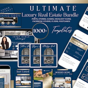 Oltre 1000 modelli immobiliari blu e oro Pacchetto marketing/ Pacchetto social media per agenti immobiliari/ Guida per l'acquirente Guida per il venditore. Volantini, Cartoline/ Lusso