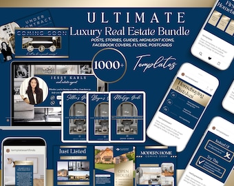 May include: A collage of images showcasing a real estate bundle with over 1,000 templates. The images feature a variety of designs, including social media posts, stories, guides, highlight icons, Facebook covers, flyers, and postcards. The bundle is designed for real estate agents and businesses.