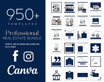950+ Blue Real Estate Marketing Templates Bundle| Realtor Branding Kit| Social Media Posts &Stories| Realtor Canva Posts| Real Estate Quotes