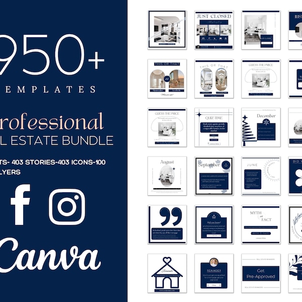 950+ Blue Real Estate Marketing Templates Bundle| Realtor Branding Kit| Social Media Posts &Stories| Realtor Canva Posts| Real Estate Quotes