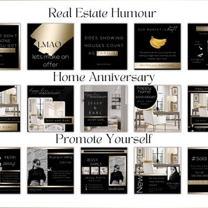 May include: A collage of 12 social media posts for a real estate agent. The posts feature a black and gold color scheme with images of homes, a woman, and text. The text includes phrases like "Happy Home Anniversary", "Let's make an offer", and "New York".