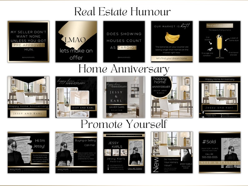 May include: A collage of 12 social media posts for a real estate agent. The posts feature a black and gold color scheme with images of homes, a woman, and text. The text includes phrases like "Happy Home Anniversary", "Let's make an offer", and "New York".