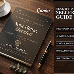 May include: A dark gray book titled "Your Home. Elevated." with gold lettering, a pen, and a cup of coffee on a wooden surface. The book is a guide to selling property by Sarah Alexander, a luxury real estate advisor.