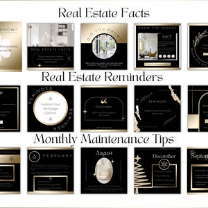 May include: A black and gold graphic design template for social media posts. The template features a series of square images with text and graphics related to real estate. The text includes phrases like "Did you know?" and "Real Estate Reminders".
