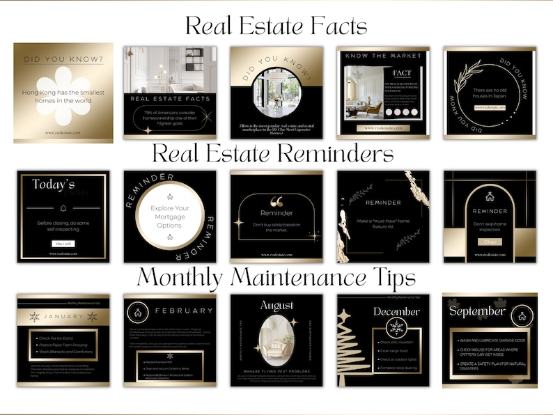 May include: A black and gold graphic design template for social media posts. The template features a series of square images with text and graphics related to real estate. The text includes phrases like "Did you know?" and "Real Estate Reminders".