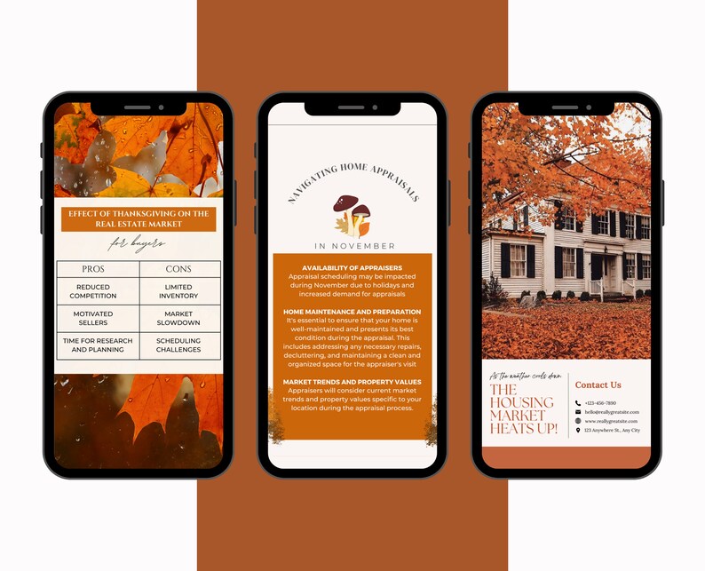 May include: A mobile phone screen displaying a graphic with the text "Effect of Thanksgiving on the Real Estate Market for Buyers" and a table with pros and cons of buying a house during Thanksgiving. The graphic also includes a mushroom illustration.