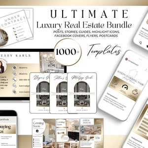 1000+ pacchetti di modelli immobiliari in bianco e oro/Social media per agenti immobiliari/icone evidenziate IG/Guide per agenti immobiliari, cartoline, volantini Canva