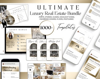 1000+ Ultimate White and Gold Real Estate Template Bundle| Realtor Social Media |IG Highlight Icons| Realtor Guides, Postcards, Flyers Canva