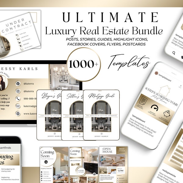 1000+ Ultimate White and Gold Real Estate Template Bundle| Realtor Social Media |IG Highlight Icons| Realtor Guides, Postcards, Flyers Canva