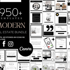 950+ Modern Real Estate Template Bundle| Black&White Realtor Social Media Kit| Realtor Posts and Stories| IG Highlight Icons|Canva Templates