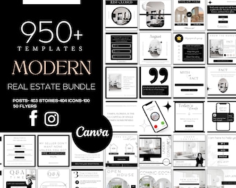950+ Modern Real Estate Template Bundle| Black&White Realtor Social Media Kit| Realtor Posts and Stories| IG Highlight Icons|Canva Templates