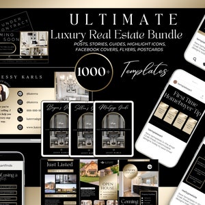 Plus de 1000 modèles de marketing pour l'immobilier noir et or | Postes d'agent immobilier de luxe | Guide de l'acheteur, guide du vendeur, cartes postales du guide hypothécaire, dépliants