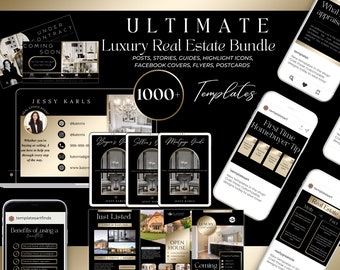 1000+ Black&Gold Real Estate Template Marketing Bundle| Luxury Realtor Posts| Buyer Guide, Seller Guide, Mortgage Guide Postcards, Flyers