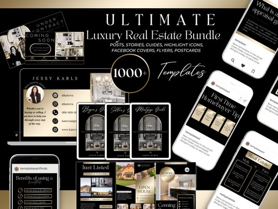 1000+ Black&Gold Real Estate Template Marketing Bundle| Luxury Realtor Posts| Buyer Guide, Seller Guide, Mortgage Guide Postcards, Flyers