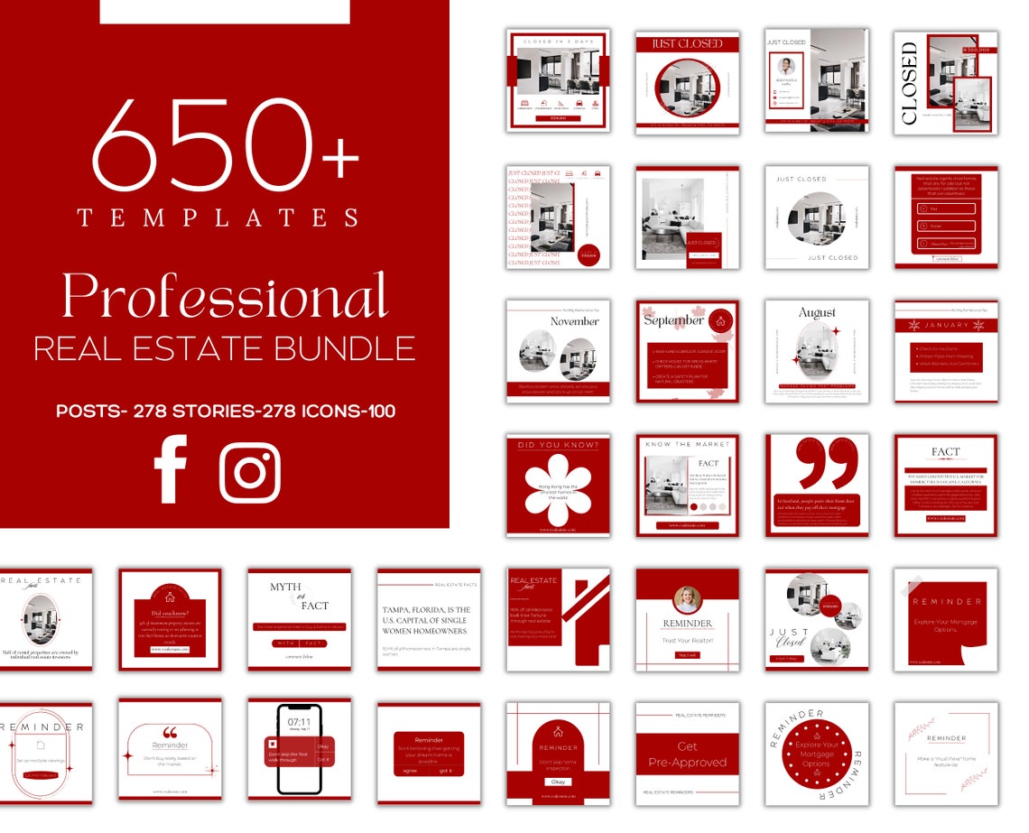 650+ Red Real Estate Marketing Templates Bundle Canva|realtor Social ...