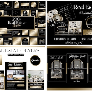 May include: A digital download package for real estate agents featuring black and gold flyers, postcards, and social media graphics. The package includes 50+ flyers, 9 postcards, and 200+ real estate quotes.