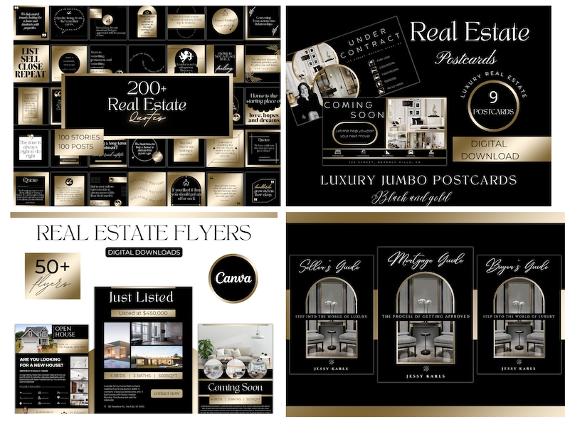 May include: A digital download package for real estate agents featuring black and gold flyers, postcards, and social media graphics. The package includes 50+ flyers, 9 postcards, and 200+ real estate quotes.