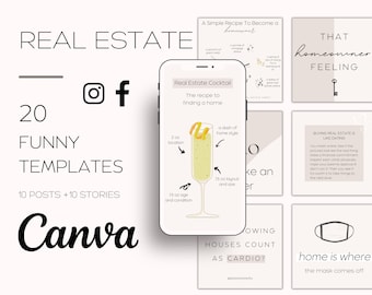 20 Real Estate Funny Templates| Real Estate Humour| Realtor Social Media Marketing| Instagram and Facebook Posts and Stories| Canva Template