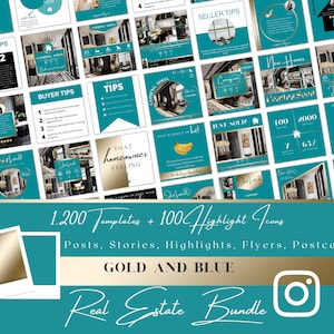 1300+ teal and Gold Real Estate Canva Template|Real Estate Bundle| 100 Highlights| Flyers&Postcards| Instagram and Facebook| Realtor Package