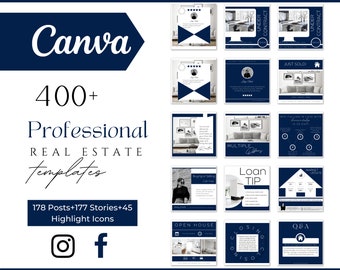 400+ Dark Blue Real Estate Marketing Templates| Realtor Social Media Marketing Posts & Stories|Canva templates| Real Estate Bundle Instagram
