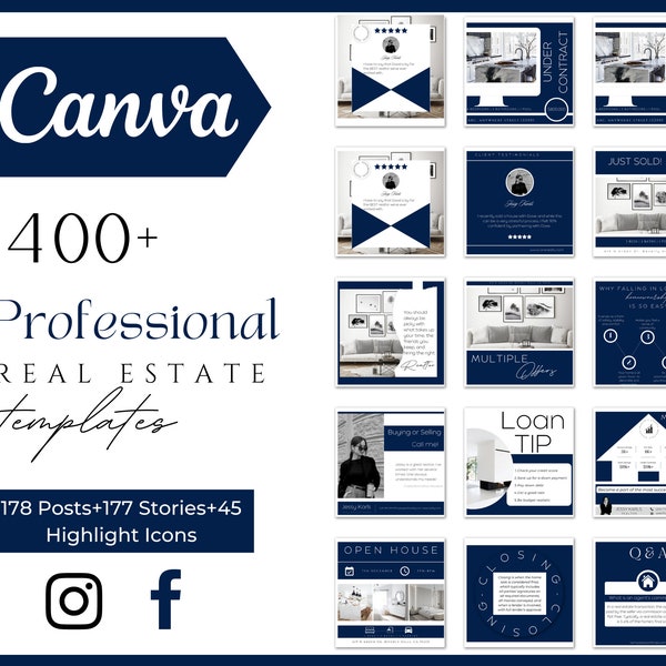 400+ Dark Blue Real Estate Marketing Templates| Realtor Social Media Marketing Posts & Stories|Canva templates| Real Estate Bundle Instagram