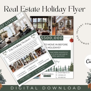 Folleto de vacaciones recién listado/Folleto de Navidad de bienes raíces/ Folleto de diciembre de bienes raíces/ Marketing inmobiliario/ Folleto de bienes raíces con temática navideña