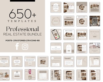 Más de 650 plantillas neutrales de marketing inmobiliario/ Conceptos básicos de marca en redes sociales para agentes inmobiliarios/ Publicaciones e historias de Canva/ Paquete de bienes raíces Canva