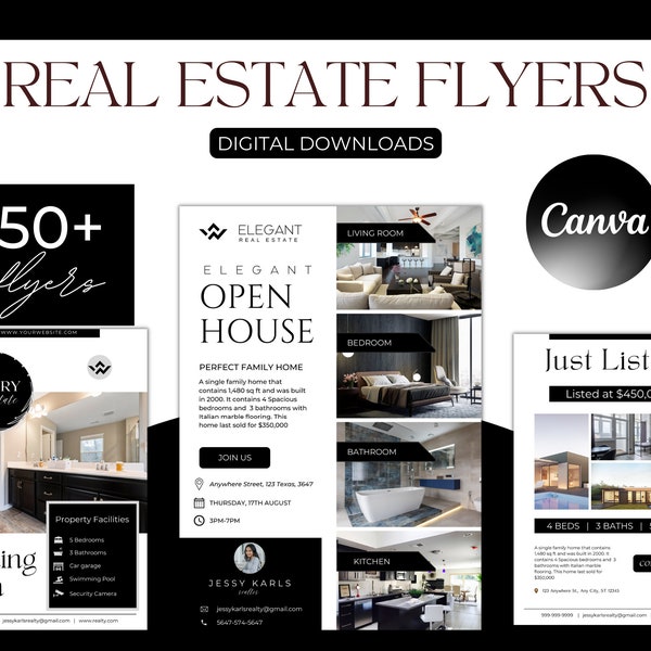 50+ Modern Real Estate Flyer Bundle|Black&White Realtor Flyer Templates|Just Listed, For Sale, Open House, Coming Soon Flyers|Digital Flyers