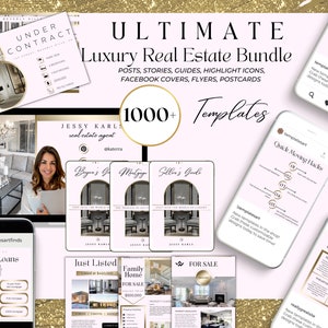 Más de 1000 plantillas de marketing inmobiliario rosa y dorado/ Paquete de agentes inmobiliarios de lujo/ Plantillas de redes sociales de bienes raíces/ Postales de folletos de agentes inmobiliarios