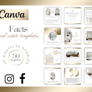 Puede incluir: Un conjunto de 50 plantillas de redes sociales para agentes inmobiliarios. Las plantillas presentan un esquema de color dorado y blanco con imágenes de casas e interiores. Las plantillas están diseñadas para su uso en Instagram y Facebook. El texto en las plantillas incluye datos sobre el mercado inmobiliario, como "El 68% de los vendedores de viviendas pasan tiempo en las redes sociales".