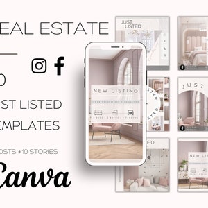 20 Just Listed Real Estate Templates| Realtor Social Media Marketing| Instagram and Facebook Posts and Stories| Aesthetic Canva Templates