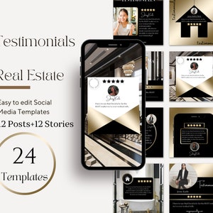 24 Testimonial Luxus-Immobilien-Vorlagen|Schwarz & Gold Instagram-Vorlagen|Realtor Instagram Posts|Realtor Marketing Kit|Social Media Post
