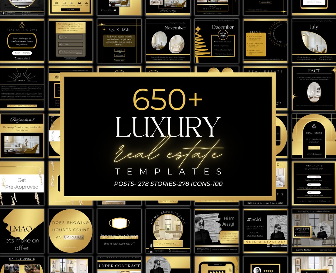 650+ Luxury Black and Gold Real Estate Marketing Template Bundle ...