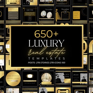 650+ Luxury Black and Gold Real Estate Marketing Template Bundle| Realtor Branding Kit| Social Media Posts Stories Icons| Canva Realtor Post