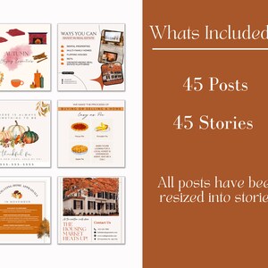 May include: A collection of 45 social media posts and stories for real estate agents. The posts feature autumnal themes, including pumpkins, leaves, and fireplaces. The text on the posts includes phrases like "Autumn Staging Essentials", "There is always something to be thankful for", and "The Housing Market Heats Up!"