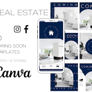 20 Navy Blue Coming Soon Template For Real Estate| Realtor Social Media Marketing| Instagram and Facebook Posts & Stories| Canva templates