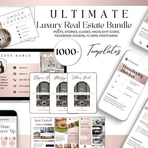 Más de 1000 paquetes definitivos de bienes raíces en oro blanco y rosa/Historias de publicaciones en redes sociales de agentes inmobiliarios/Folletos de marketing inmobiliario, Postales/Plantillas de Canva